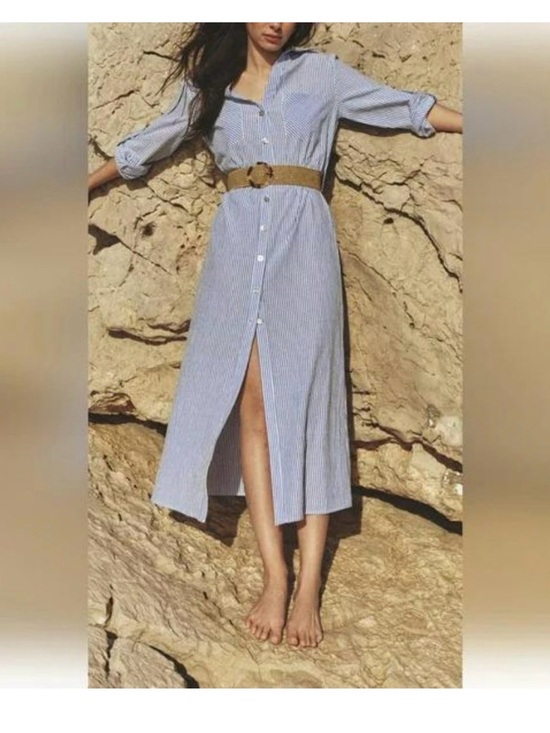 Zara Dresses & Skirts - Zara Striped Button-Front Shirt Dress in Light Blue with Belt